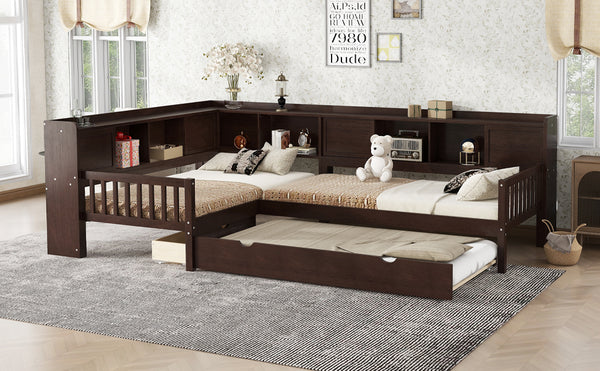 English Elm L-shaped Twin Platform Bed with Trundle, Solid Wood Corner Sleeper with Drawers, Shelves, No Box Spring Needed Espresso W1580S00261