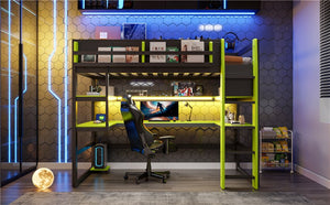 English Elm Twin Loft Bed with Rgb Lighting Usb Ports Wraparound Shelves and Gaming Desk Green LT000298AAF