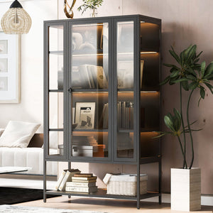 English Elm 67.25'' Tall Steel Curio Cabinet with Led Lighting and Tempered Glass Panels Black SN845P263995B