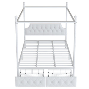 English Elm Queen Metal Canopy Platform Bed with Upholstered Velvet Headboard, Built-In Storage Drawers, White Elegance DL000656AAK