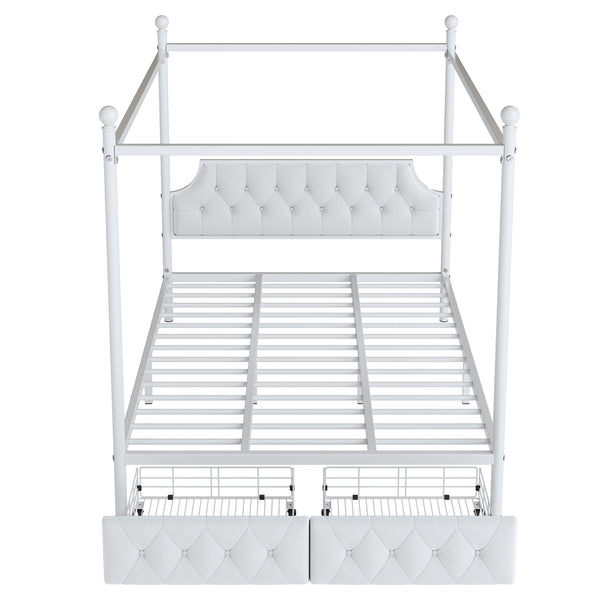 English Elm Queen Metal Canopy Platform Bed with Upholstered Velvet Headboard, Built-In Storage Drawers, White Elegance DL000656AAK