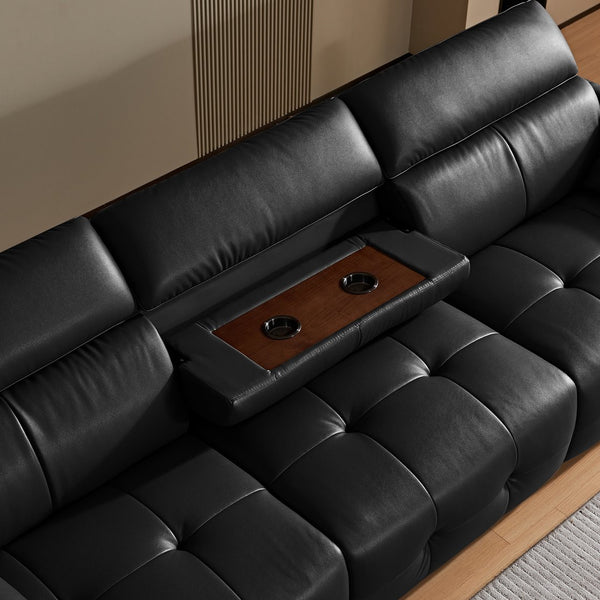 English Elm Genuine Top-grain Leather Three-seat Sofa with Reclining Backrests and Center Storage W1765S00130