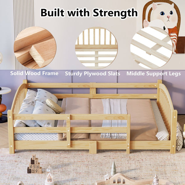 English Elm Twin Montessori Floor Bed Solid Pine Frame with Safety Guardrails for Kids Bedroom Natural N733P400298N