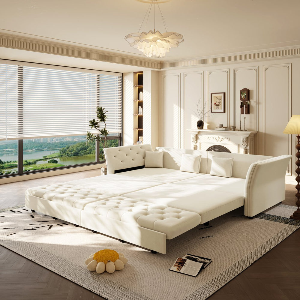 English Elm 100" Oversized Velvet Sleeper Sofa with Floral Tufted Cushions for Living Room Beige+White W1885S00301