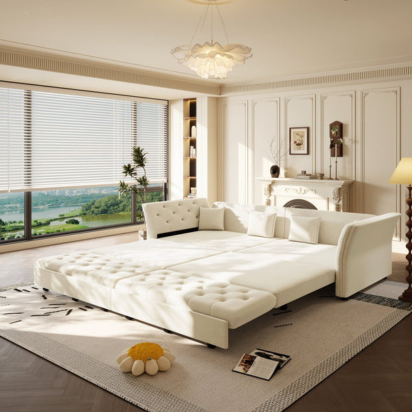 English Elm 100" Oversized Velvet Sleeper Sofa with Floral Tufted Cushions for Living Room Beige+White W1885S00301