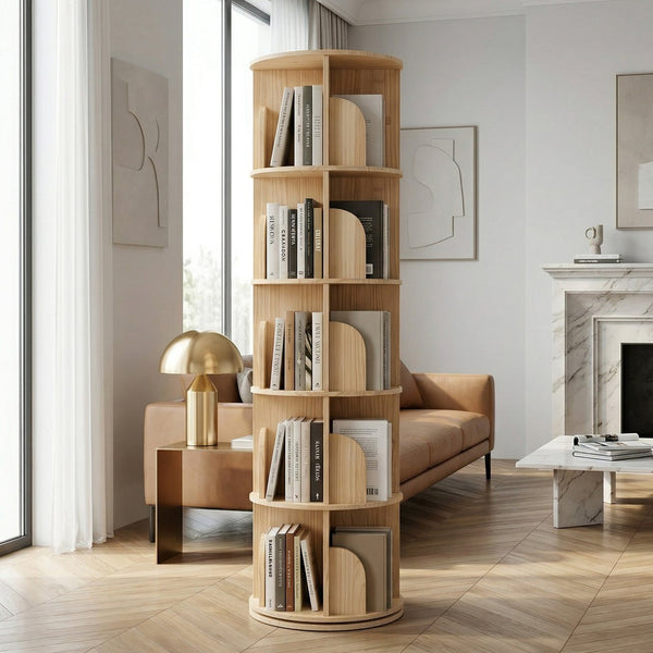 English Elm 3 Tier Spinning Round Bookcase Natural Wood Floor Shelf for Bedroom or Study W2989P460331