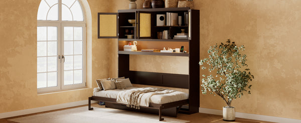 English Elm Twin Murphy Bed with Rattan Cabinet Doors Led Lighting and Usb Charging for Small Spaces Espresso LP000740AAP