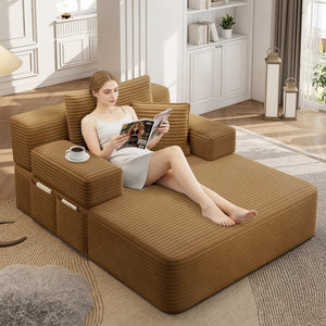 English Elm Luxurious Corduroy Convertible Chaise Lounge Sofa Bed with Storage and Coil Spring Foam Camel W3219P483086