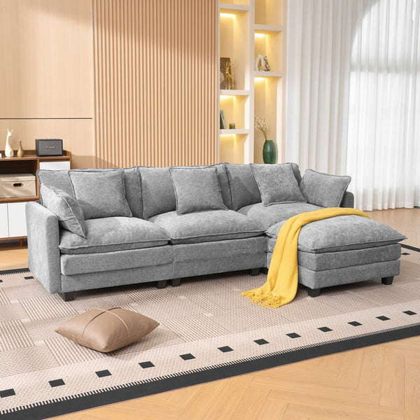 English Elm Beige Chenille Sectional Sofa with Modular Ottoman for Living Room or Studio Gray W2603S00008