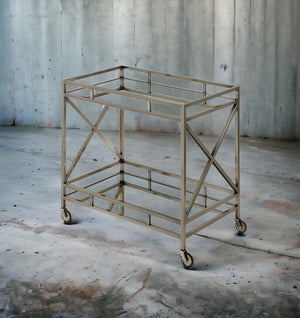 English Elm Kristensen Mirrored Antique Gold Serving Cart with Casters, Mirrored Top & Shelf, Open Storage Stylishly Compact B2726P287299