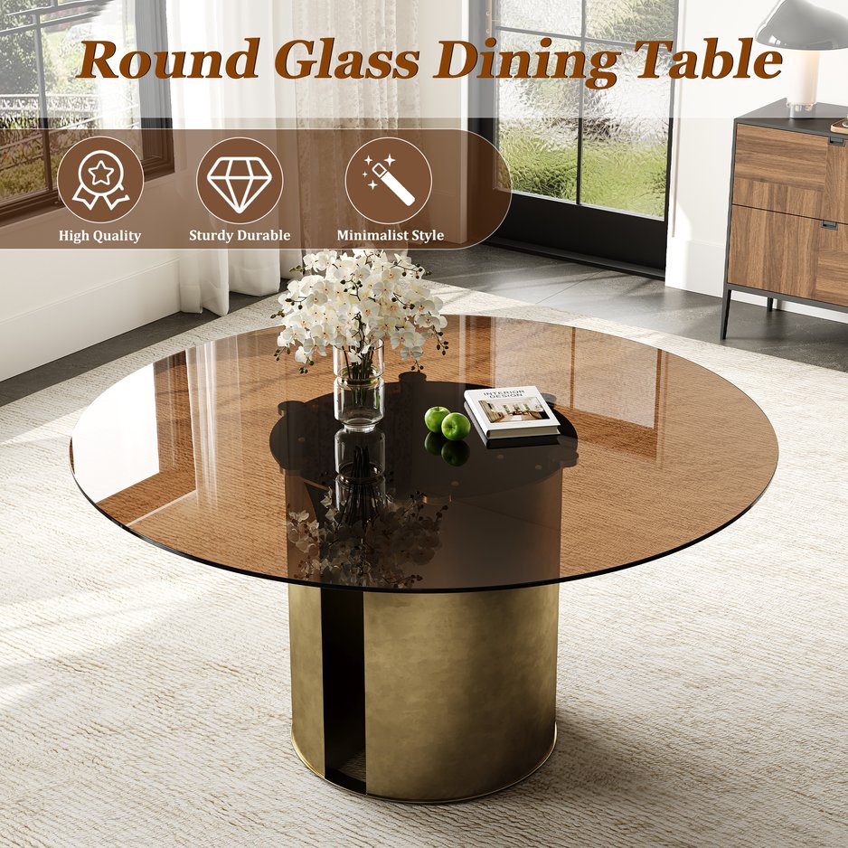 English Elm 59-Inch Round Dining Table - Elegant Dark Brown Glass Top With Antique Copper Steel Legs For 6-8 W509S00145
