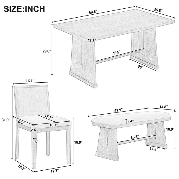 English Elm Trexm Six Piece Farmhouse Dining Set Wire Brushed Oak Veneer Table Linen Chairs Bench Natural ST000155AAN