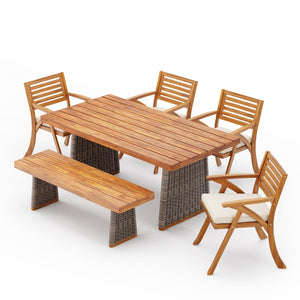 English Elm Christopher Knight Home® - Outdoor 6-Piece Acacia Wood Dining Set With Cream Cushions & Grey Rattan Legs For Stylish Gatherings N773OD00041G