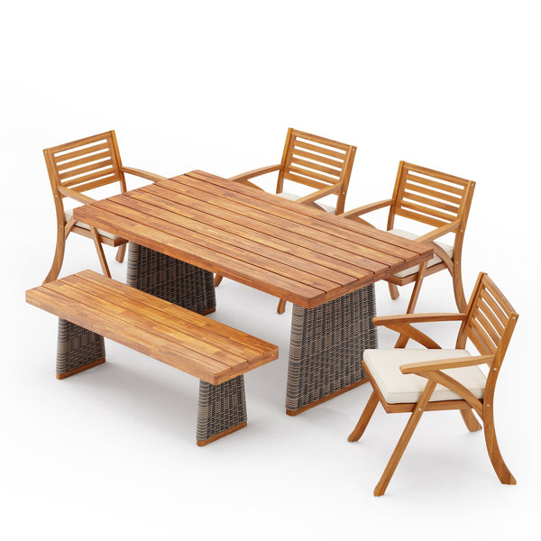 English Elm Christopher Knight Home® - Outdoor 6-Piece Acacia Wood Dining Set With Cream Cushions & Grey Rattan Legs For Stylish Gatherings N773OD00041G