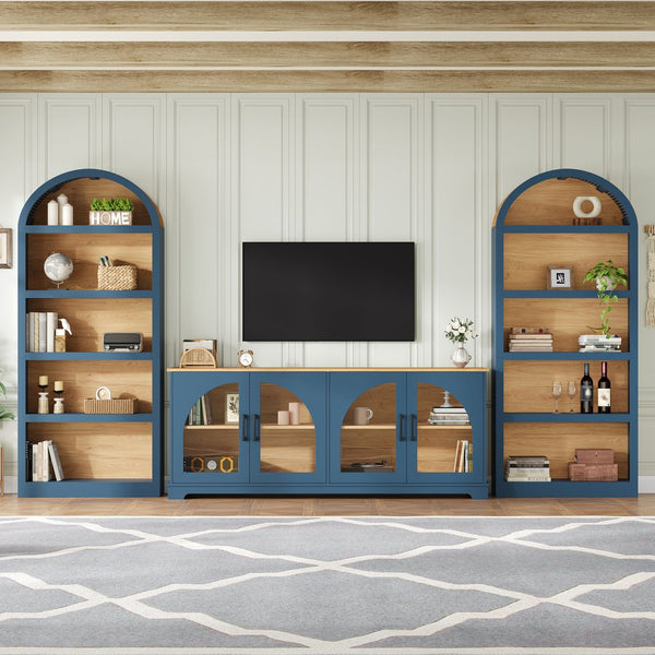 English Elm 3-piece Farmhouse Entertainment Center with Arched Glass Doors and Open Tower Shelving Blue N721S000070C