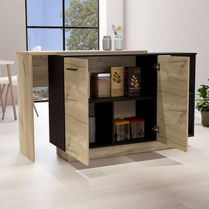 English Elm Kitchen Island With Double Door Cabinets, Stylish Black & Light Oak, Perfect For Dining & Storage B097S00155