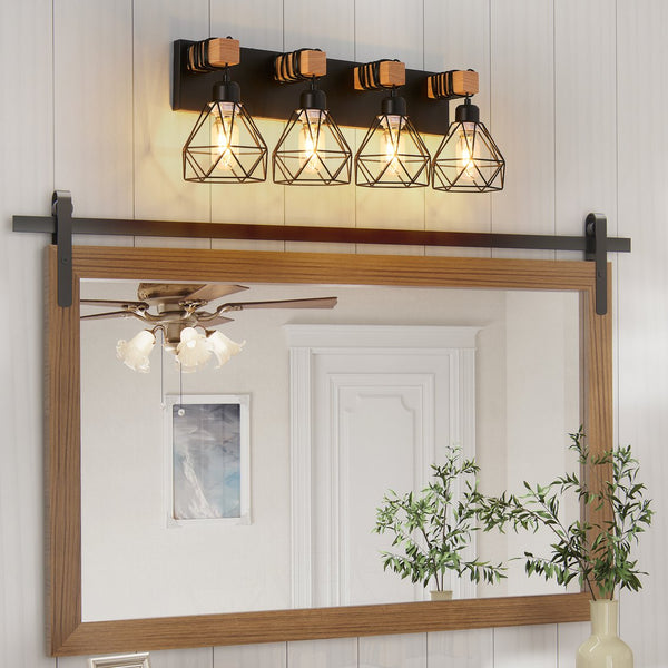 English Elm 24" Modern Geometric 4-Light Vanity Light Fixture With Black Metal & Wood Accents For Any Space W2312P374931