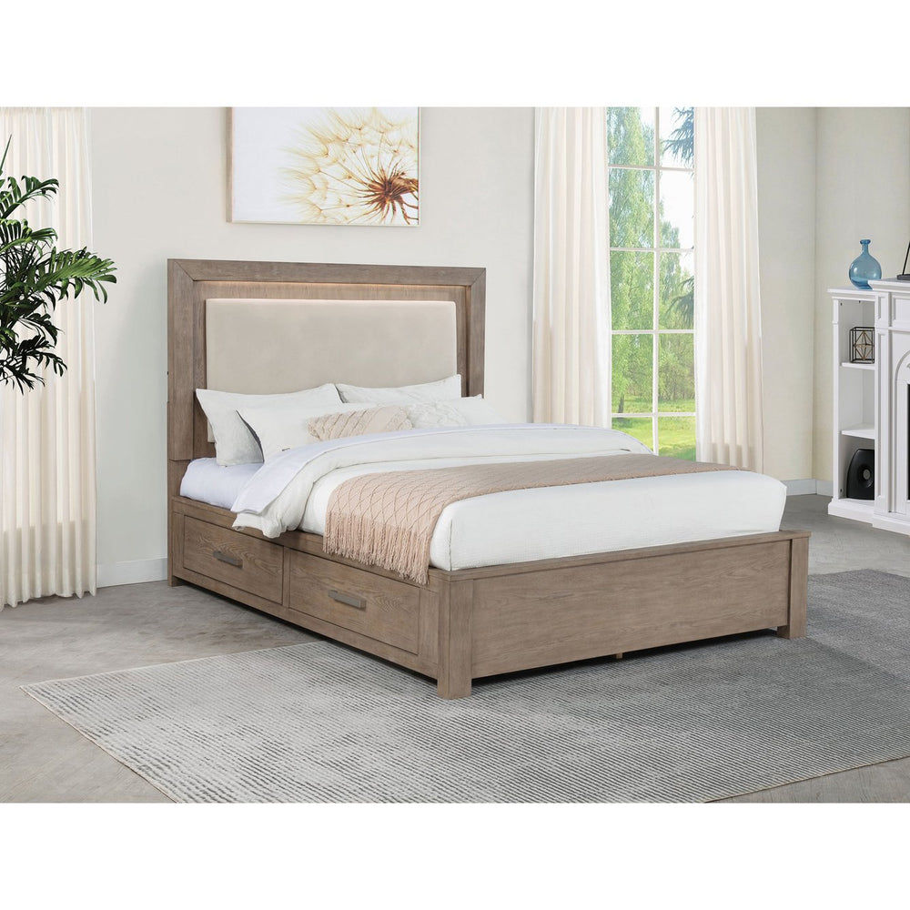 English Elm Gibbons Queen Storage Bed with Led Headboard and Four Drawers in Warm Oak Veneer B062S01577