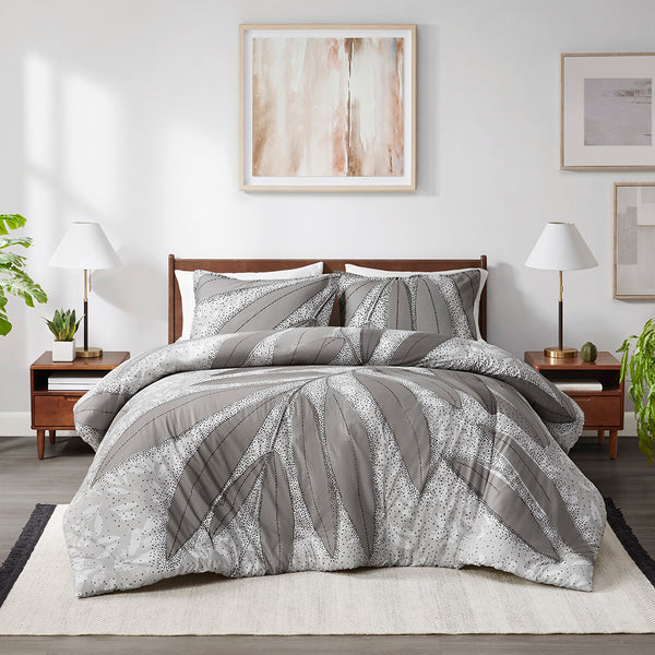 JLA Home Urban Habitat - Botanical Reversible Cotton Duvet Cover Set — Sustainable BCI Cotton, OEKO-TEX, Gray Botanical Prints UH12-2529