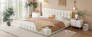 English Elm King Channel Stitched Linen Platform Bed Low Profile Contemporary Upholstered Frame Beige N737P387605A