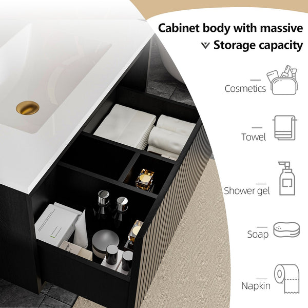 English Elm 30 Inch Bathroom Vanity with Sink — Floor-Standing Stability, Soft-Close Drawers, Ample Storage, Durable Finish Black 35.47 L x 21.85 W x 8.07 H W3520S00007