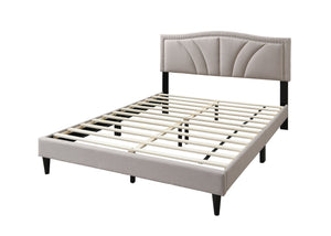 English Elm Modern Burlap Upholstered Full Platform Bed Curved Headboard with Nailhead Trim Detail B011P418593