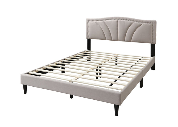 English Elm Modern Burlap Upholstered Full Platform Bed Curved Headboard with Nailhead Trim Detail B011P418593