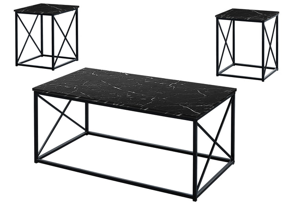 English Elm Table 3-Piece Set with Marble Look Laminate Tops and Grey Metal X Frames for Modern Living Room Black 46 L x 25 W x 5 H B2710P219991