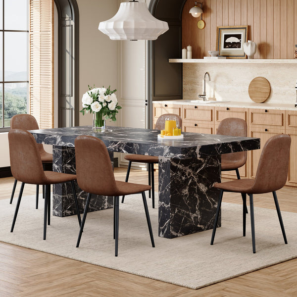 English Elm Table and Chair Set Seating Six with Marble Mdf Top Brown Fabric Upholstered Seats W1151S03914