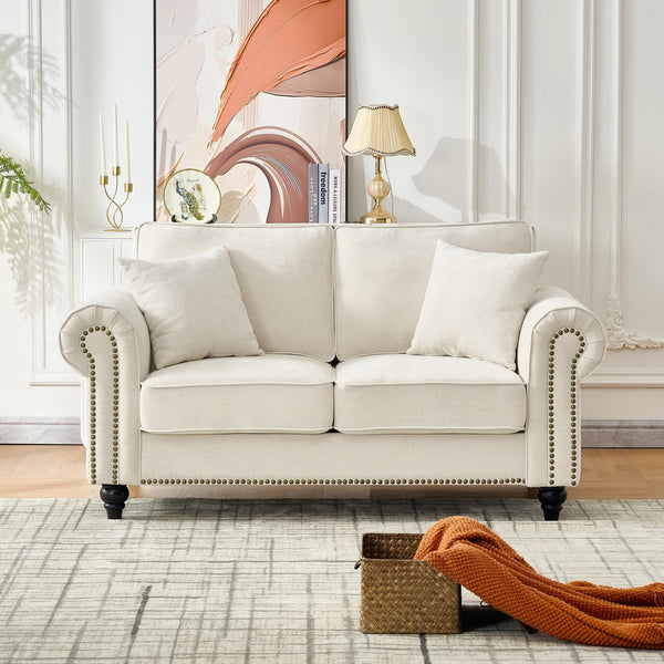 English Elm 63" Modern 2-Seater Sofa with Chenille Velvet, Rolled Arms, Nailhead Trim, Solid Wood Frame Durable Beige W3373S00020