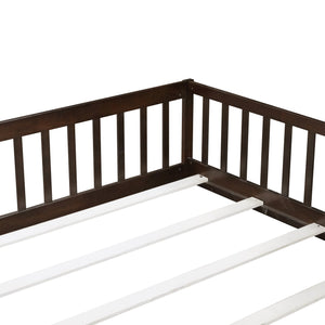 English Elm Queen Floor Bed with Safety Fence and Guardrails, Rubberwood Low Profile Platform for Kids Espresso W504P286390