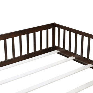 English Elm Queen Rubber Wood Floor Bed with Full Perimeter Safety Fence and Hinged Access Door Espresso W504P429342