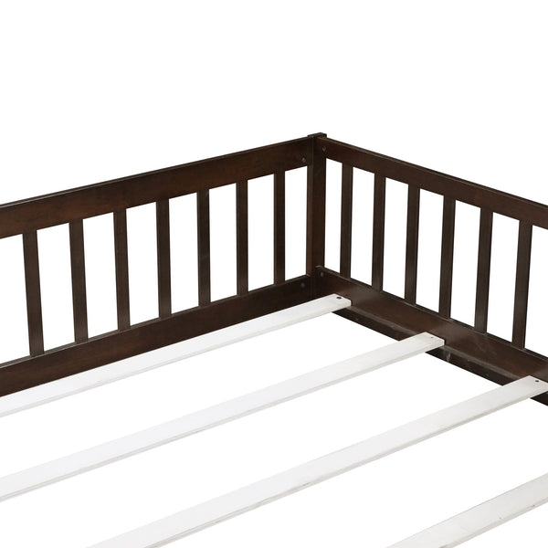 English Elm Queen Rubber Wood Floor Bed with Full Perimeter Safety Fence and Hinged Access Door Espresso W504P429342