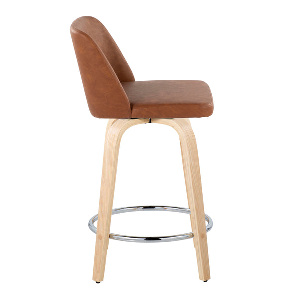 English Elm Fixed-height Swivel Counterstools Natural Wood Bentwood Legs Camel Faux Leather Set 2 B202S01767