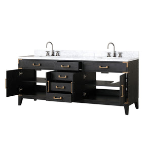 English Elm Black Oak Double Bath Vanity With Carrara Marble Top, Chrome Faucet, And Ample Storage Solutions B2731P260965