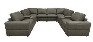 English Elm Premium Leather Match Sectional with Dual Recliners Square Arms and Console Storage Olive Green B2748S00148