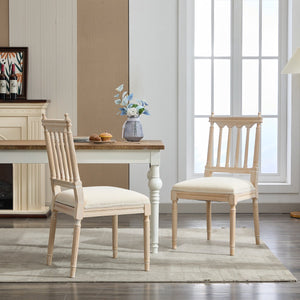 English Elm Antique Linen Upholstered Dining Chairs Set of 2 — Soft Sponge Cushions, Slatted Back, Sturdy Legs (2) W1622P234025