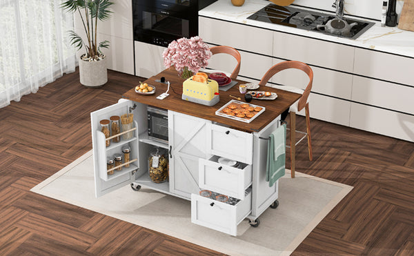 English Elm K&K 54.5" Farmhouse Kitchen Island with Drop Leaf, Built-In Power Station, Rolling Storage Cart White N707P170349W