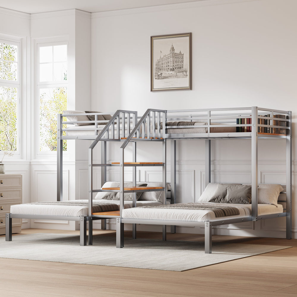 English Elm Metal Triple Bunk Bed Space-Saving Twin over Twin & Twin Design with Staircase Storage Shelves, Durable Metal Frame Silver GX001115AAN