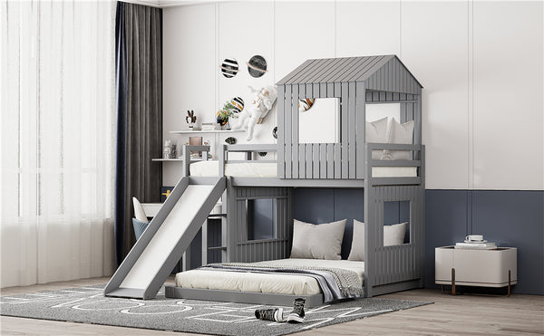 English Elm Wooden Twin Over Full Bunk Bed Farmhouse Playhouse Slide Pinewood Kids Loft Gray LT000328AAN