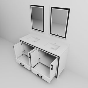 English Elm White Double Bath Vanity 60 in. W x 22 in. D with White Quartz Top, Soft-Close Drawers & Mirrors B2731S00910