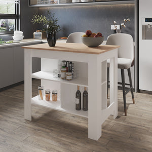 English Elm Aztec Kitchen Island Melamine with Open Shelves, Light Pine/White — Stylish Storage Centerpiece, 35.4"H B128P237143