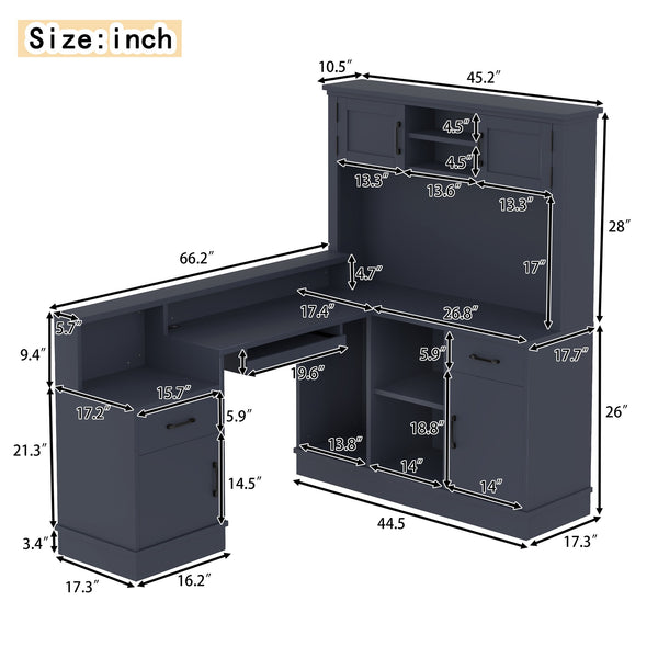 English Elm L-shaped Corner Computer Desk with Built-in Outlets Drawers and Open Shelving Storage W1580S00270