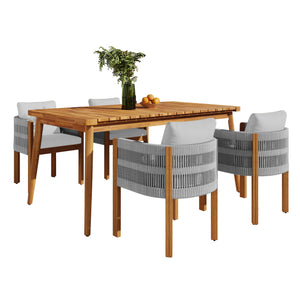 English Elm Christopher Knight Home® - Outdoor Dining Set with Acacia Wood Frames, 63" Slatted Table & 4 Chairs with Waterproof Washable Cushions Grey,Teak N779P269291N_N779P279983G-2