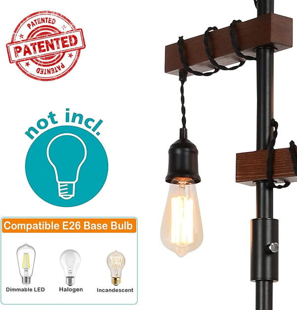 English Elm Dimmable Industrial Floor Lamp 68" 3-Head Wood & Metal Tree Lamp with Rotary Dimmer, Rustic Vintage Accent W2738P227440
