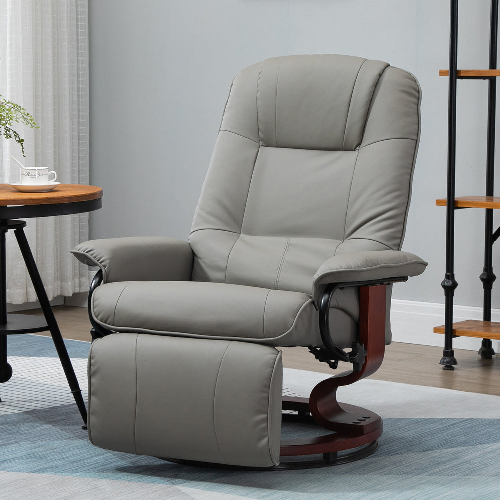 English Elm HOMCOM Gray Faux Leather Manual Recliner with Swivel Wood Base, 145° Recline, Padded Armrest and Footrest W2225P173862