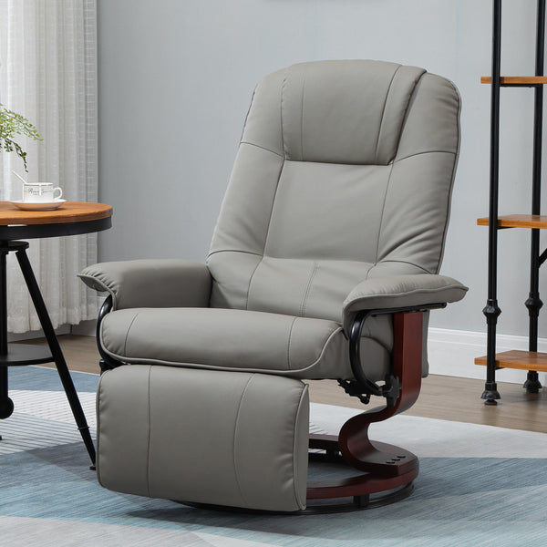 English Elm HOMCOM Gray Faux Leather Manual Recliner with Swivel Wood Base, 145° Recline, Padded Armrest and Footrest W2225P173862