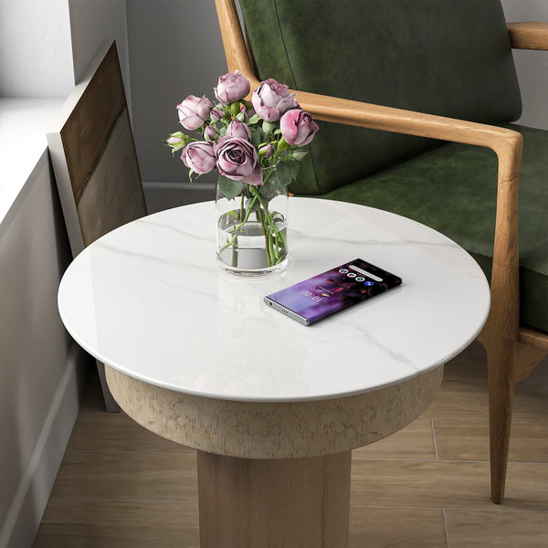 English Elm 28"inch Round Tempered Glass Tabletop Marble Print Polished Edge Indoor Outdoor White W241P361455