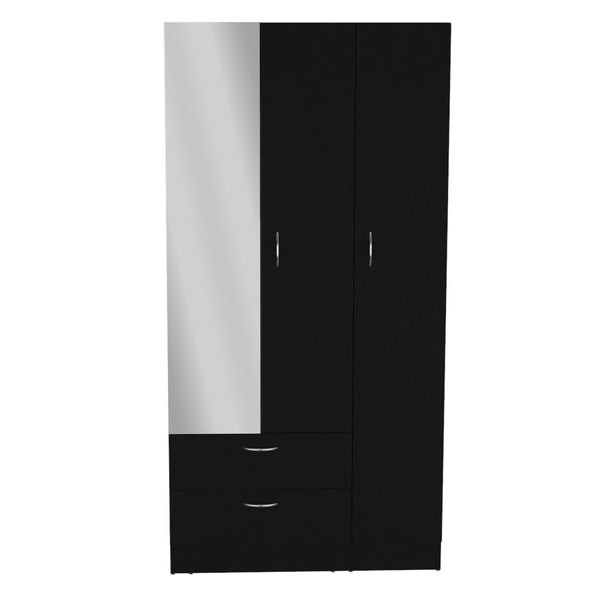 English Elm Riverside Mirrored Armoire with Three Doors, Two Drawers, Four Shelves and Hanging Rod for Wardrobe Organization Black 71 L x 16.9 W x 3.9 H B070S00215