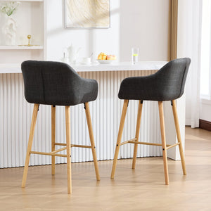 English Elm Modern Linen Upholstered Barstools with Oak Legs Armrests and Footrest for Kitchen Islands Black W395P396317
